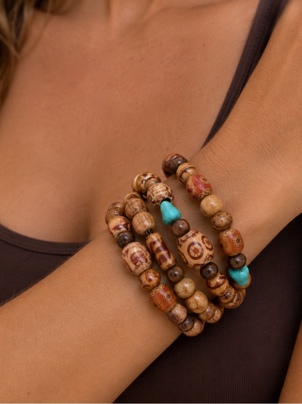 Handcrafted Boho Painted Wooden and Turquoise Accent Beaded Wrap Bracelet Set.